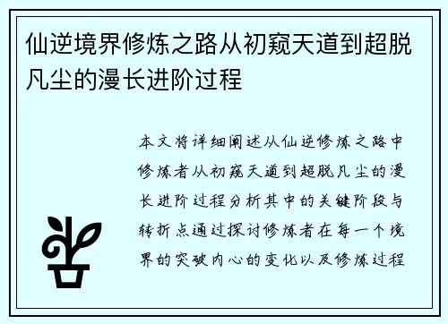 仙逆境界修炼之路从初窥天道到超脱凡尘的漫长进阶过程